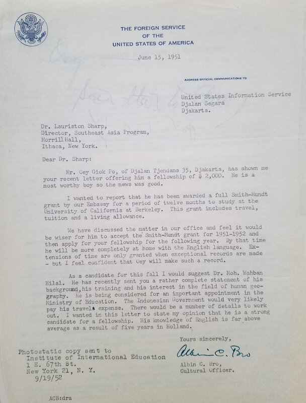 Grant Letter to Study at UC Berkeley - 1951