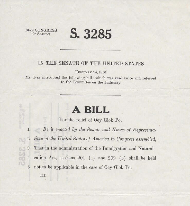 US Senate Bill Granting Giok Po Oey Visa - 1956
