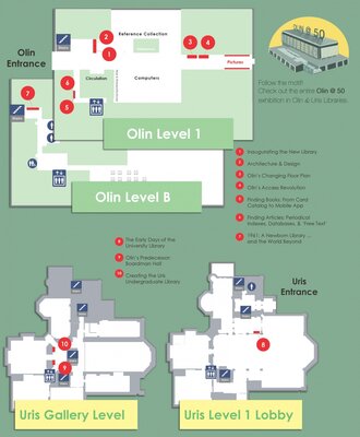 Map of exhibit locations in Olin & Uris Libraries