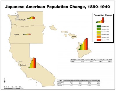 Japanese American Population Change, 1890-1946. GIS-generated map