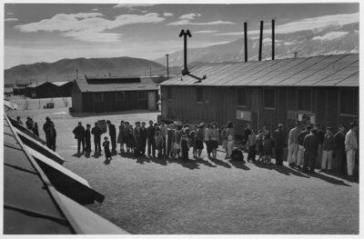  Mess line, noon, Manzanar Relocation Center, California, 1943. 