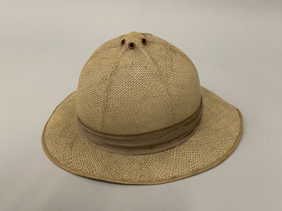 Straw Pith Helmet Wrapped With Taupe Sash Close Up 