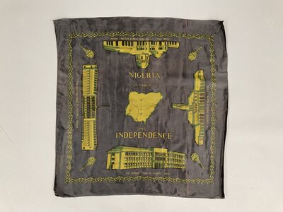 Headscarf, independence, yellow on brown/gray with map & parliament buildings