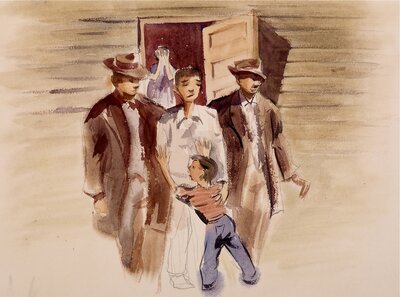 Gene Sogioka. [FBI Agents Taking Away an Internee]. Watercolor.