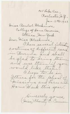 Letter from Charity Carman to Beulah Blackmore