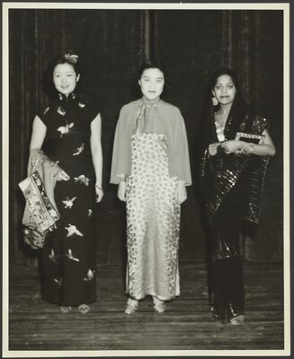 Here, Olivia Wu, Mrs. Tsch Liang Kwan, and Lalitha Kumarappa are shown wearing their own garments for the 1938 installment of “Costume of Many Lands.” 