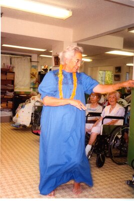 Virginia Beatrice Kauhanenuiohonokawailani Dominis Koch '38 hulu dancing for her mother's 100th birthday in Honolulu, HI. 
