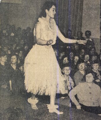 Virginia Beatrice Kauhanenuiohonokawailani Dominis Koch '38 onstage at the 1937 installment of "Costumes of Many Lands."