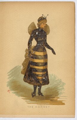 Inscription and illustration of the “Hornet” dress (facsimile), Fancy Dresses Described: or, What to Wear at Fancy Balls