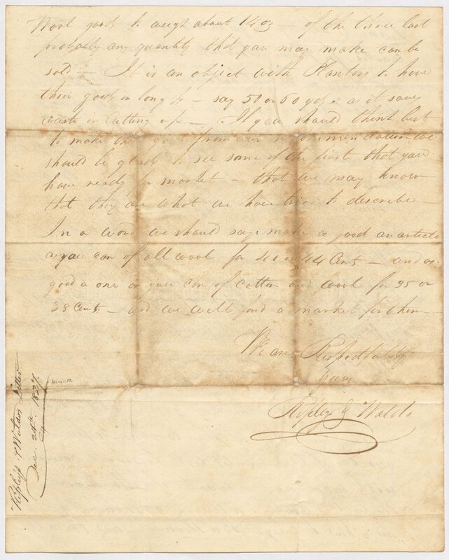 Correspondence to Dunne of Ware Manufacturing Company from Ripley & Waldo, a sales agent