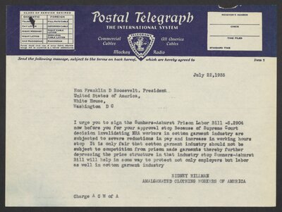 Telegraph to FDR regarding Sumners-Ashurst Prison Labor Bill S.2904