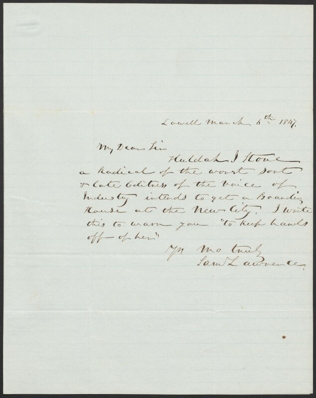 Letter from Samuel Lawrence to Storrow warning about Huldah Stone
