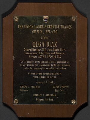 Union Label and Service Trades of NY award given to Olga Diaz