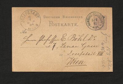 Postcard to Eduard Böhl, professor of Reformed dogmatics at the Protestant University of Vienna from J. Louis(?) of Hamburg 