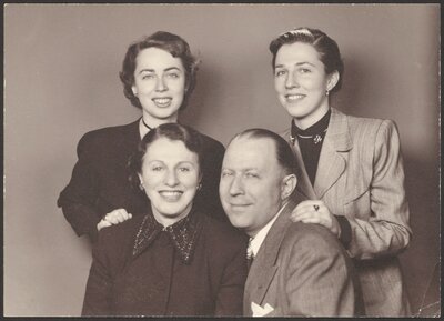 Family portrait of Joyce, her younger sister Elaine, and her parents Estelle and Morris, circa 1950.