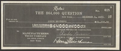Photostat copy of the check for the The $64,000 Question. December 6, 1955.