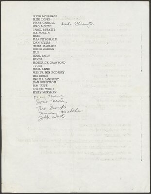 Dr. Brothers' script for "What's My Line?", where panelists have to guess who the mystery celebrity guest is through a series of questions. Circa 1965-1970.