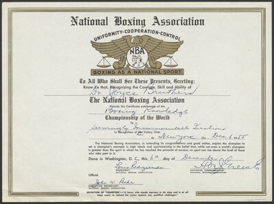 National Boxing Association certificate, December 6, 1955.