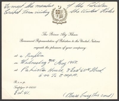 Invitation from Prince Aly Khan to meet the members of the Pakistan Cricket Team. May 7, 1958.