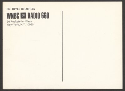 Call Dr. Brothers publicity postcard for WNBC Radio 660. Circa 1965.