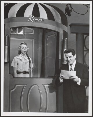 Dr. Brothers in the isolation booth on the set of The $64,000 Question, December 1955.