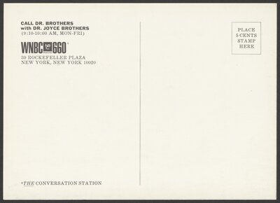 Call Dr. Brothers publicity postcard for WNBC Radio 660. Circa 1965.