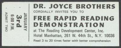 Reading Development Center pamphlet on Dr. Brothers' Rapid Reading Program and ticket to a demonstration. 1968.