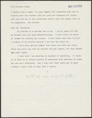 Consult Dr. Brothers script with original letter, "flat-chested woman" segment. 1959.