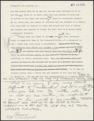 Consult Dr. Brothers script with original letter, "husband sex problem" segment. 1959.