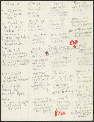 Handwritten list of segments for Tell Me, Dr. Brothers, circa 1961-1963.