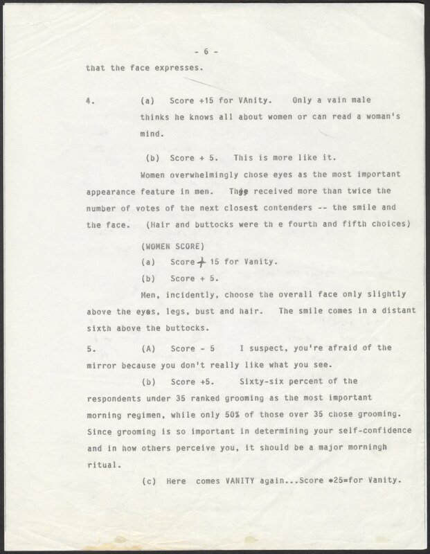 Dr. Brothers. Draft for an article on "You and Your Vanity", circa 1986-1987.