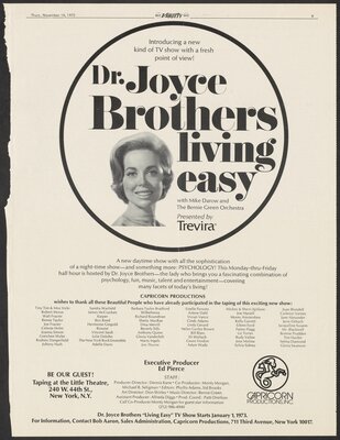Newspaper advertisement for Living Easy with Dr. Brothers, 1973.