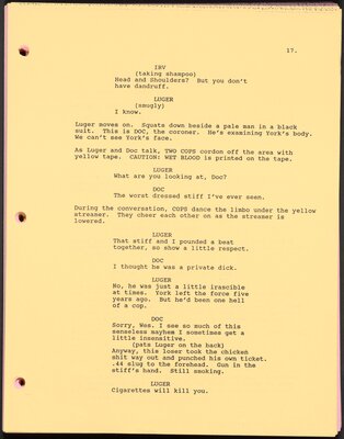 National Lampoon "Loaded Weapon" script showing Dr. Brothers' lines, 1992.