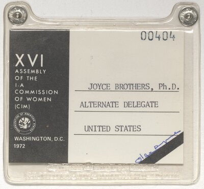 Brothers’ nametag for the XVI Assembly of the Inter-American Commission of Women, August 17, 1972.