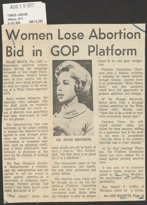 Times Union article, "Women Lose Abortion Bid in GOP Platform." August 18, 1972