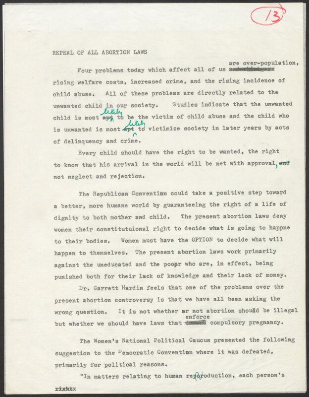 Draft, with edits, of Brothers' testimony before the platform committee as a delegate for the Inter-American Commission of Women, August 17, 1972. Based on the notes on this draft, Dr. Brothers had sent it to her mother for proofreading.