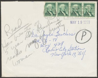Consult Dr. Brothers script with original letter, “flat-chested woman” segment, envelope