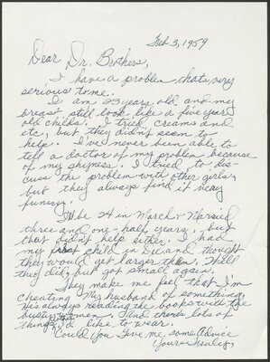 Consult Dr. Brothers script with original letter, “flat-chested woman” segment, handwritten letter