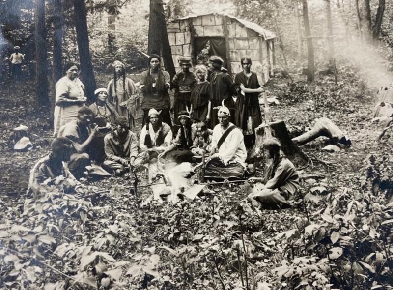 1914 Cayuga Indian Festival camp and longhouse