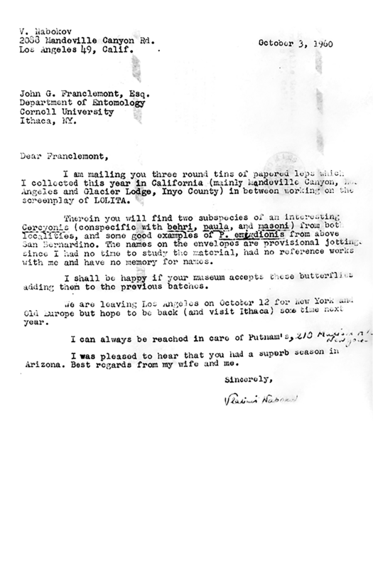 Letter from Nabokov to J.G. Franclemont, 1960