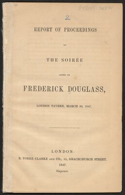 Report of proceedings at the soirée given to Frederick Douglass - title page