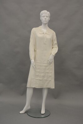 Dress, White Linen with Drawn-Work