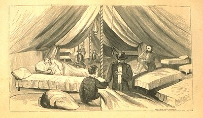 Illustration of wounded soldiers in tent