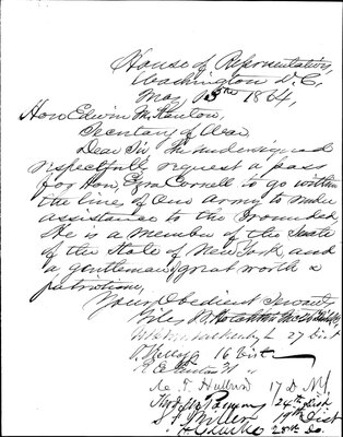 Petition by members of New York State Senate to Secretary of War Edwin Stanton, May 13, 1864.