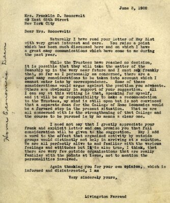 Letter from President Farrand to Eleanor Roosevelt