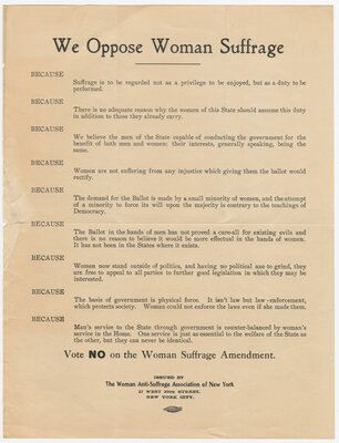 Anti-Suffrage Broadside: "We Oppose Woman Suffrage"